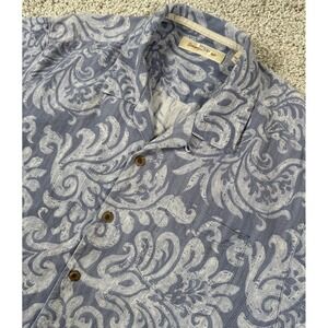 Tommy Bahama Mens Blue Floral Silk Coconut Button Hawaiian Shirt Medium